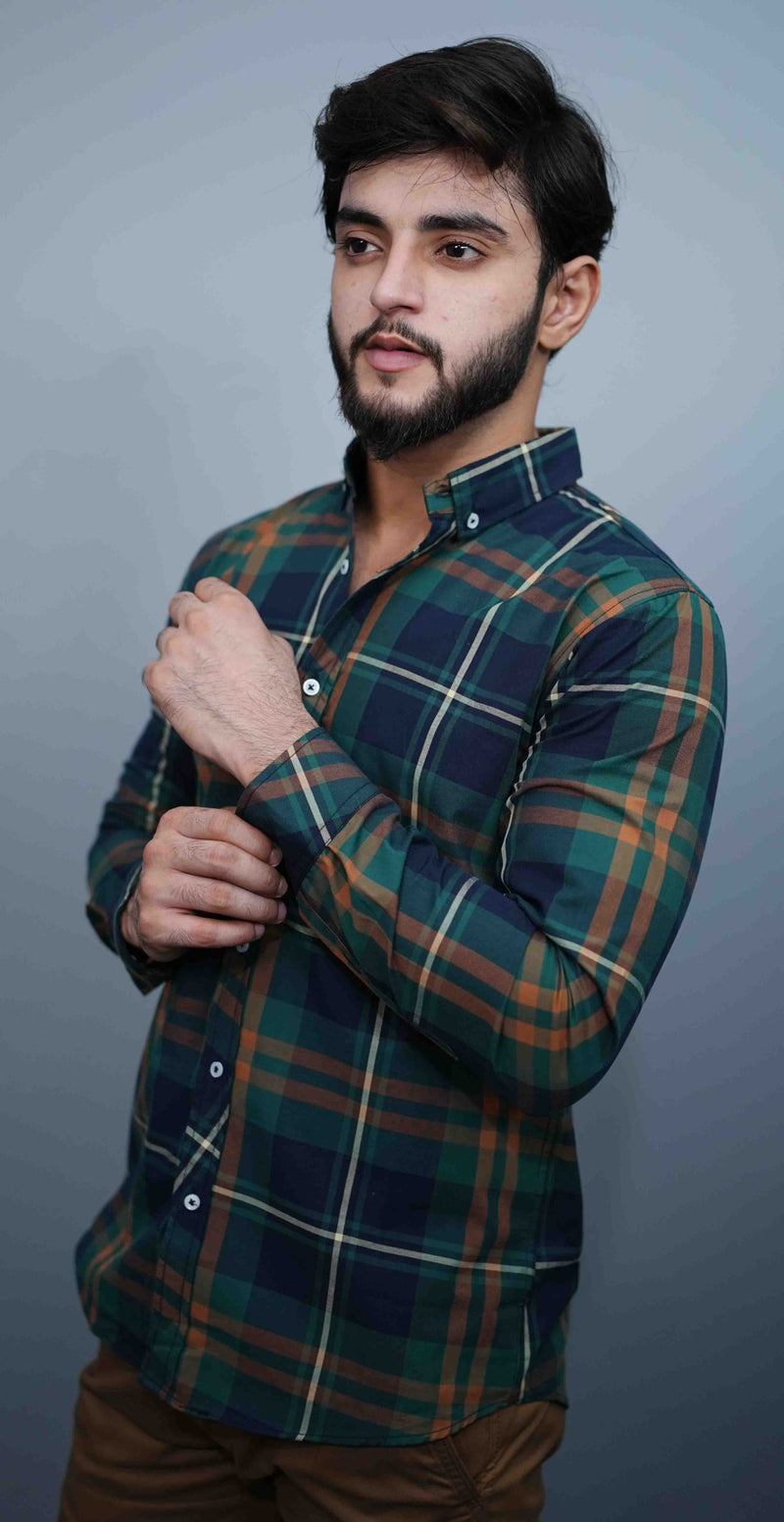 Green & Blue Casual Button Down Check Shirt