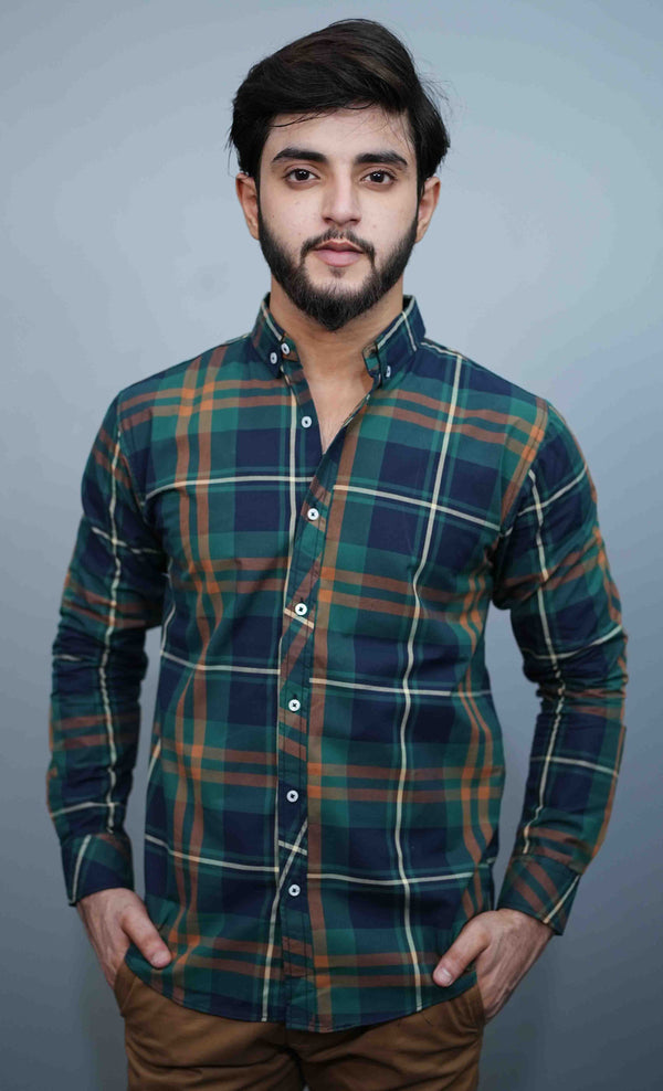 Green & Blue Casual Button Down Check Shirt