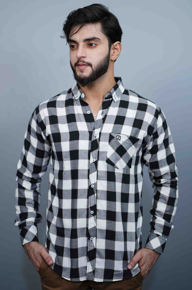 White & Black Casual Button Down Check Shirts