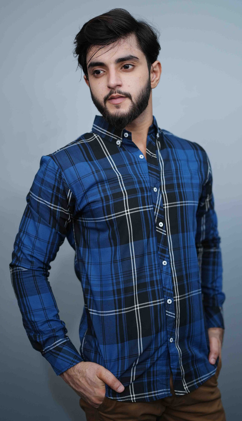 Royal Blue & Black Button Down Casual Check Shirt