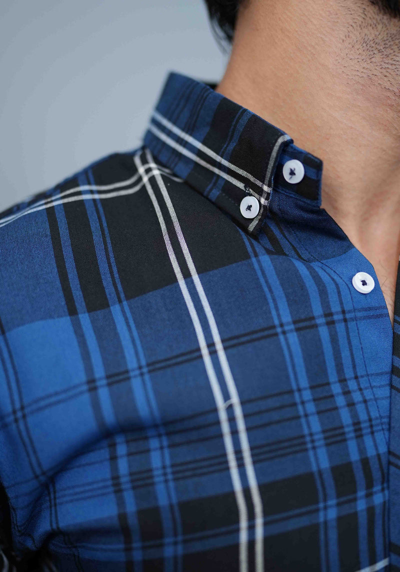 Royal Blue & Black Button Down Casual Check Shirt