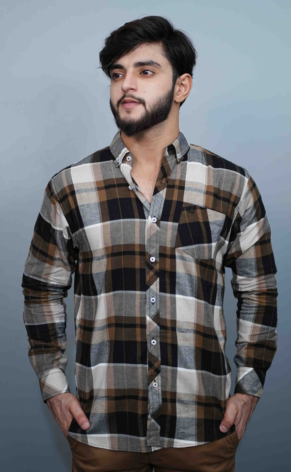 White & Brown Casual Check Button Down Shirt