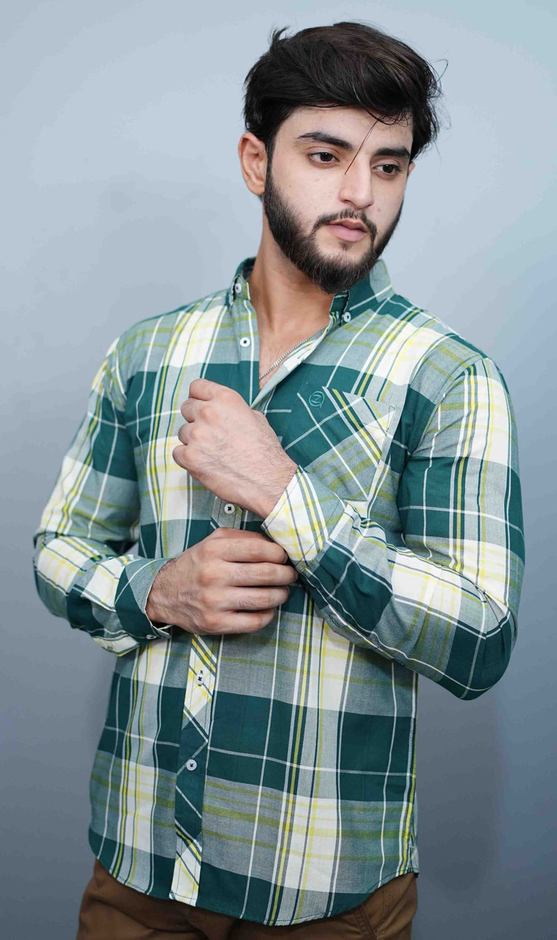 White & Green Casual Button Down Check Shirts