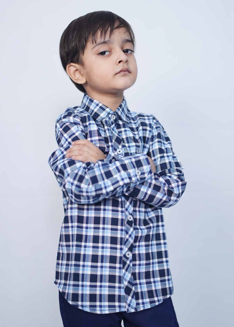 Navy Blue & White Kids Micro Check Stylish Shirts