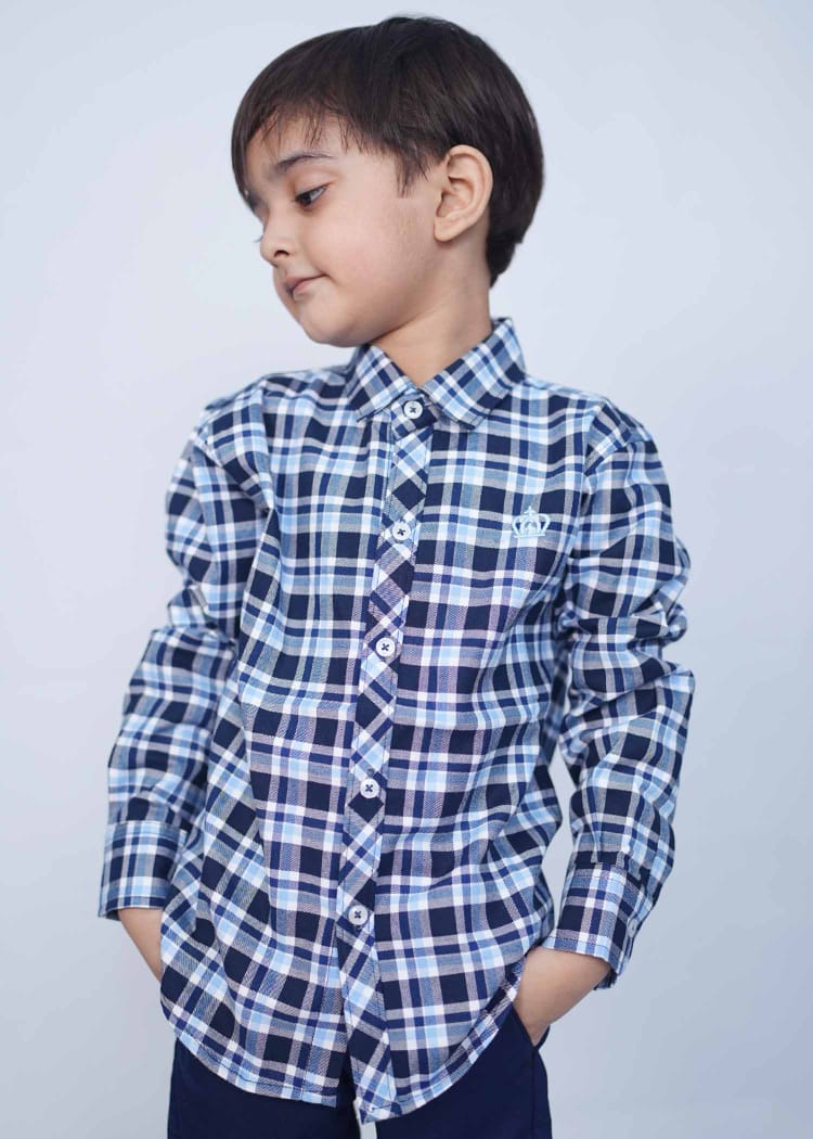 Navy Blue & White Kids Micro Check Stylish Shirts