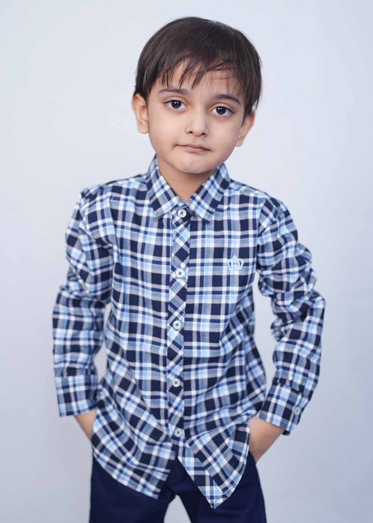 Navy Blue & White Kids Micro Check Stylish Shirts