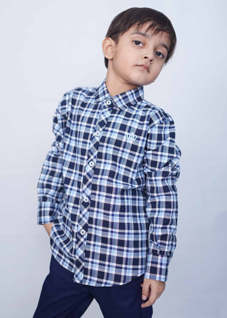 Navy Blue & White Kids Micro Check Stylish Shirts