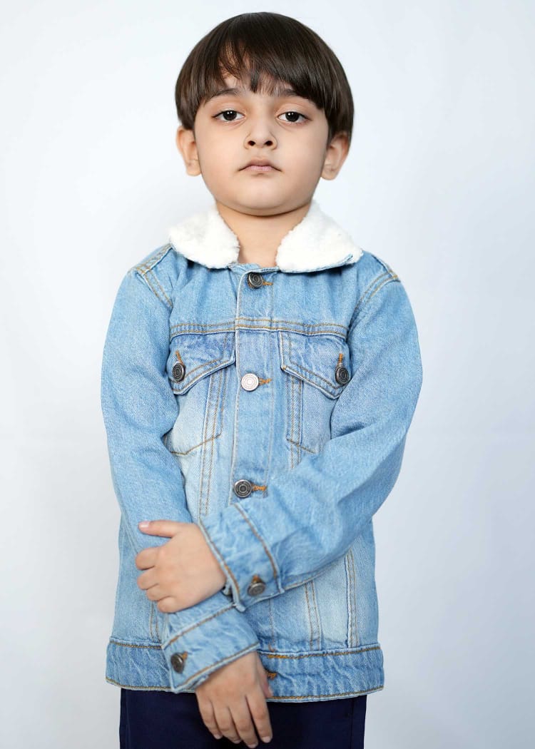 Kids cute sky blue denim jacket with a cozy white collar, perfect for stylish and comfy everyday wear.