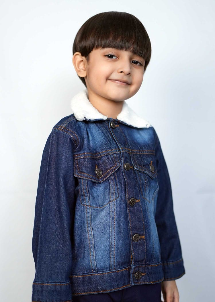 Kids dark blue denim jacket with white collar, showcasing cool and charming style for everyday wear.