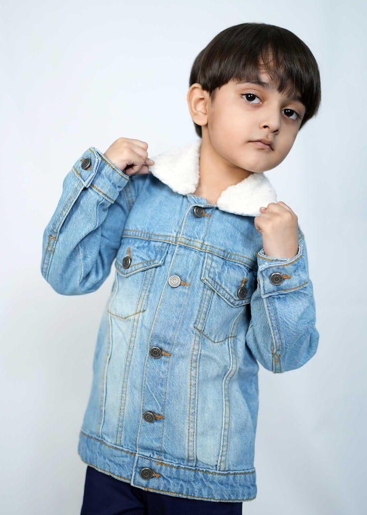 Kids cute and comfy sky blue denim jacket with soft collar, perfect for stylish and trendy occasions.