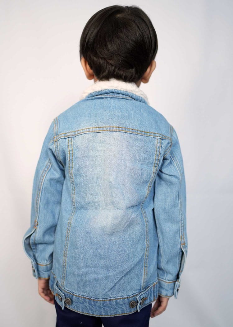 Back view of kids cute and comfy sky blue denim jacket, showcasing its stylish design and quality.