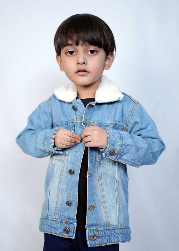 Cute child in a sky blue denim jacket with a furry collar, showcasing comfort and style for trendy kids.