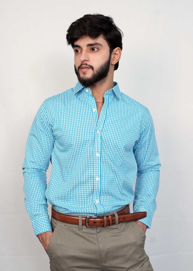 Sky Blue & White Classy Micro Check Formal Shirts