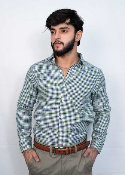 Green & White Premium Micro Check Formal Shirts