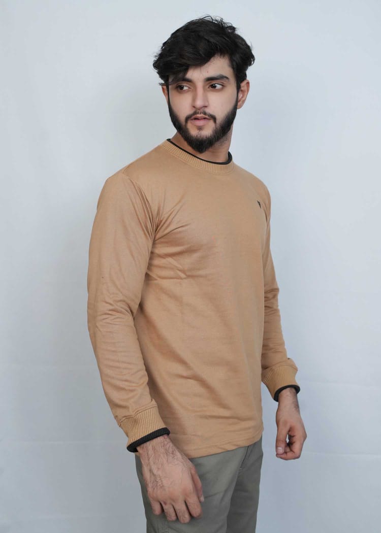 Smart & Classy Men's Premium Sweat Shirt in light brown, stylishly worn by a model, showcasing elegance and comfort.