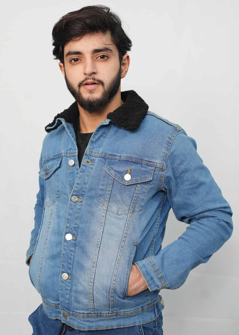 Men's Light Blue Full Fur Denim Jacket