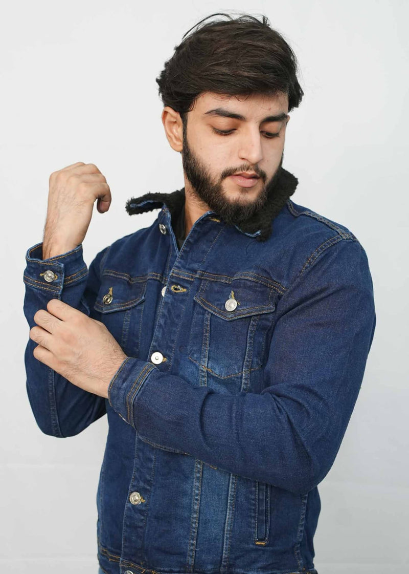 Men's Dark Blue Full Fur Denim Jackets