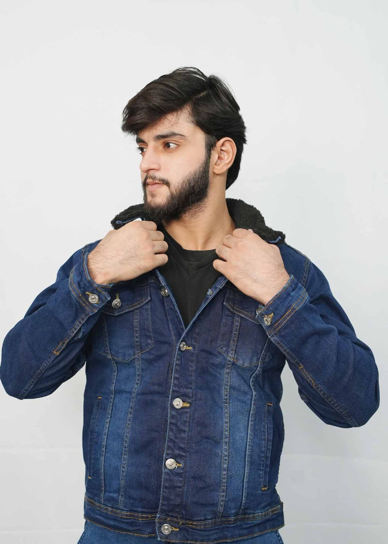 Men's Dark Blue Full Fur Denim Jackets