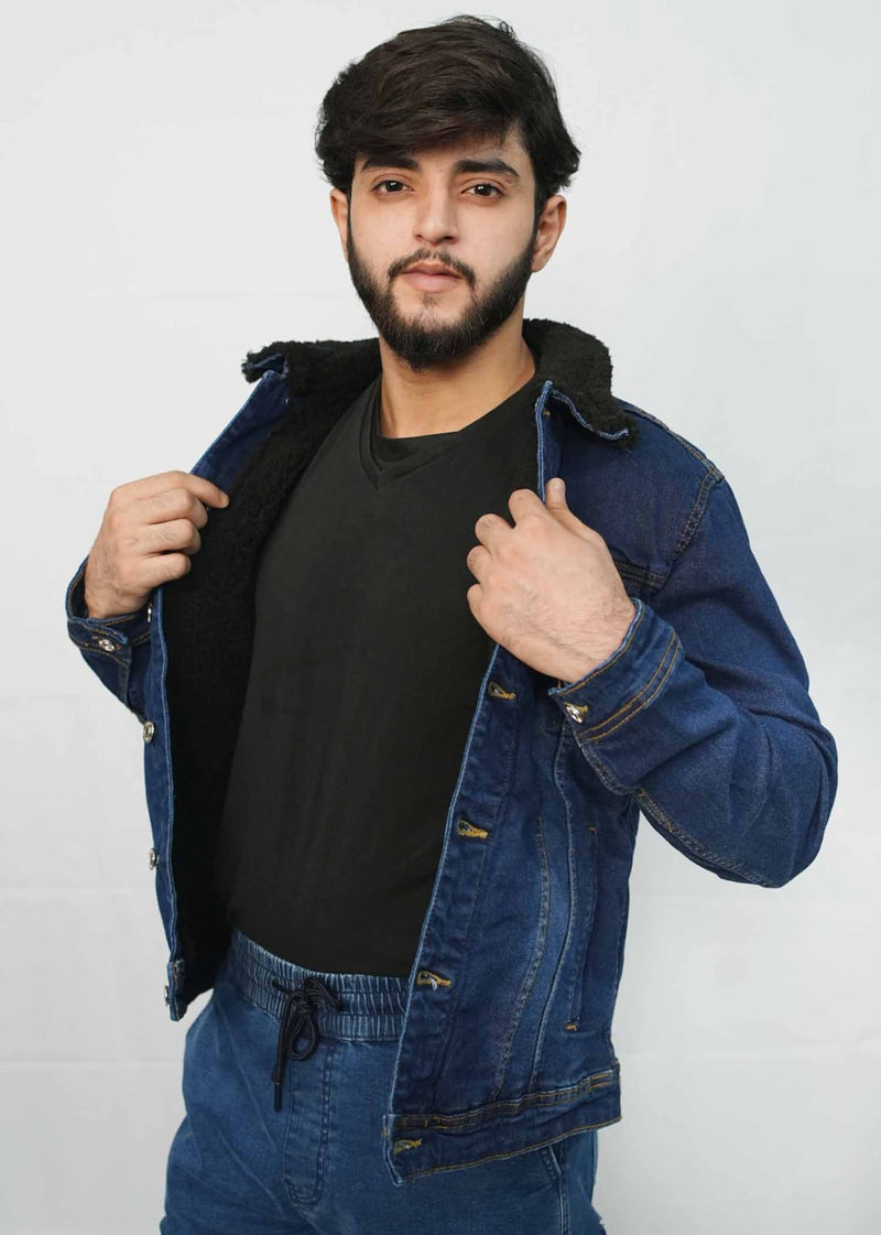 Men's Dark Blue Full Fur Denim Jackets