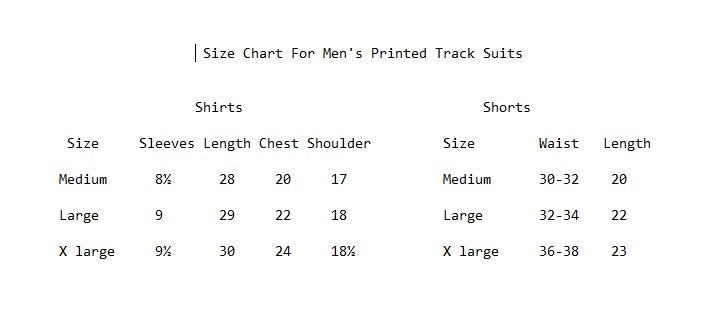 chart guide Men's Printed Short & Shirts Track Suits