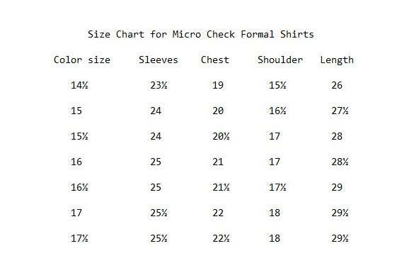 Size chart for Micro Check Formal Shirts, detailing measurements for sleeves, chest, shoulder, and length.